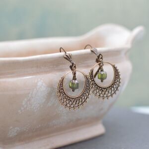 𝅺Antique Bronze Filigree Hoop Earrings with Emerald